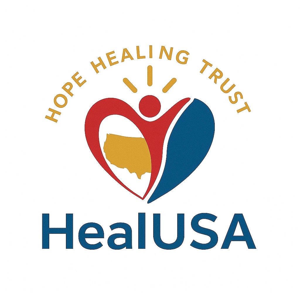 HealUSA 标志:爱心、人形与美国地图,Hope Healing Trust